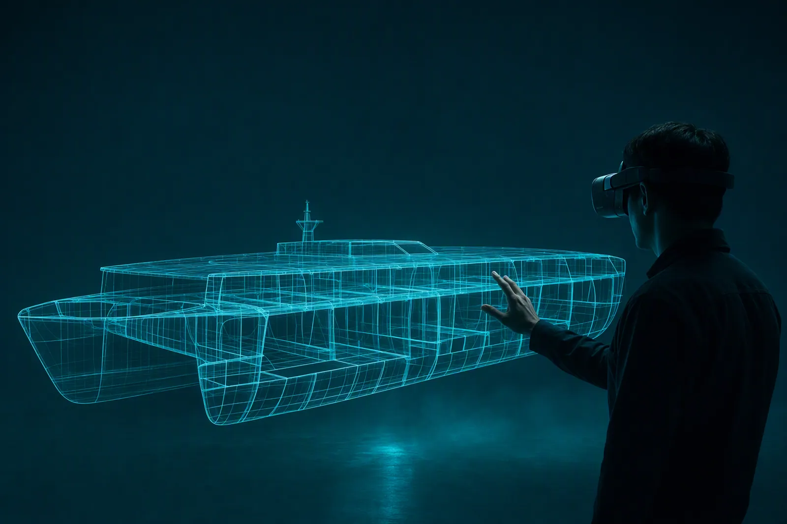 VR 헤드셋을 착용한 엔지니어와 쌍동선 와이어프레임 홀로그램